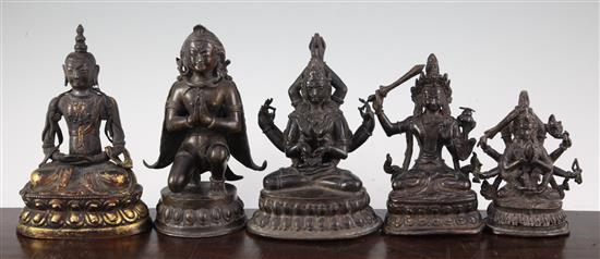 Five Sino-Tibetan bronze figures of Buddhist deities, 13.5-20.5cm high